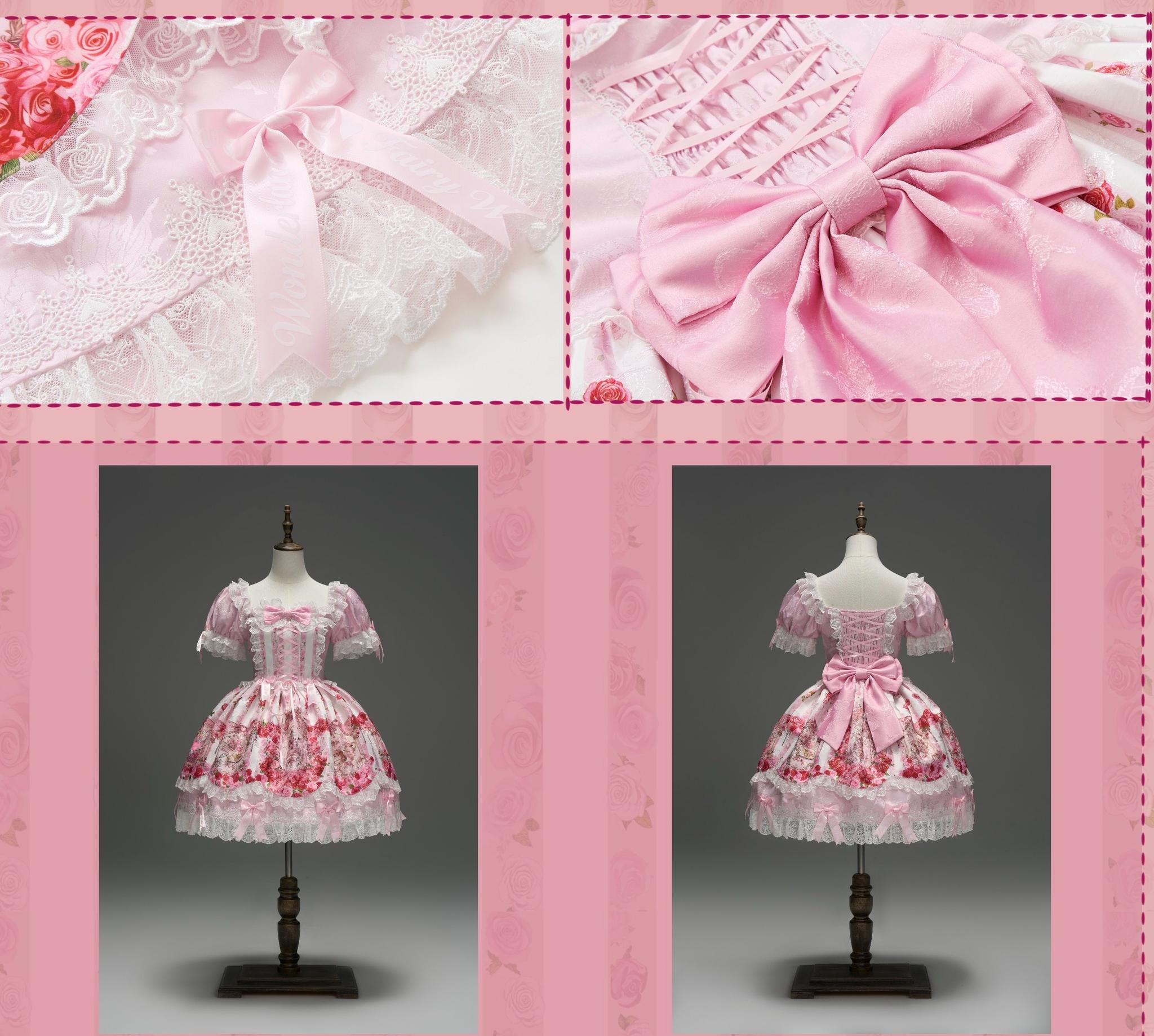 Rose Dream Isle - Sweet Lolita Rose Wall Print Dress, Embroidery & Bows