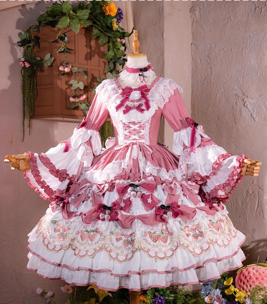 Bramble Rose - Starryberry Eden - Hime-sleeved Sweet Lolita Dress, Strawberry Embroidery (L M S) 44262:801240