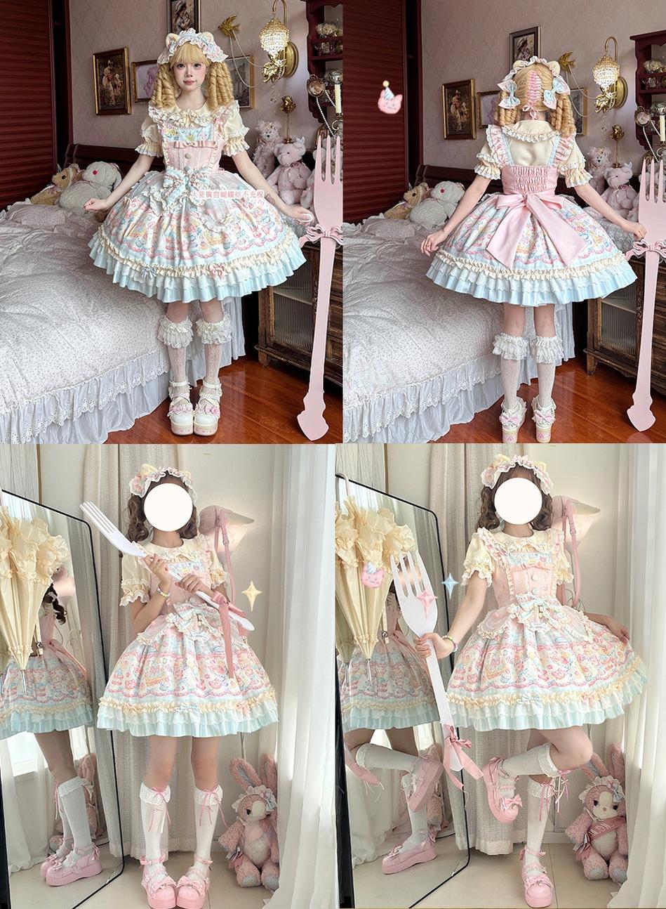Sweet Cat Fruit Candy - Sweet Lolita Dessert Printed JSK Dress, Bows & Ruffles