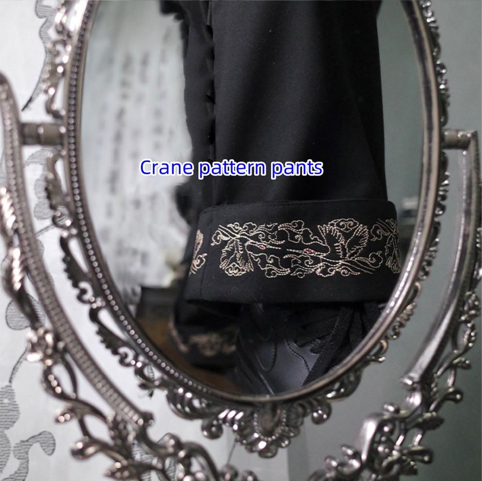 CastleToo - Chinese-style Han Element Zhongshan Suit Dragon and Crane Pattern S Crane pattern trousers only