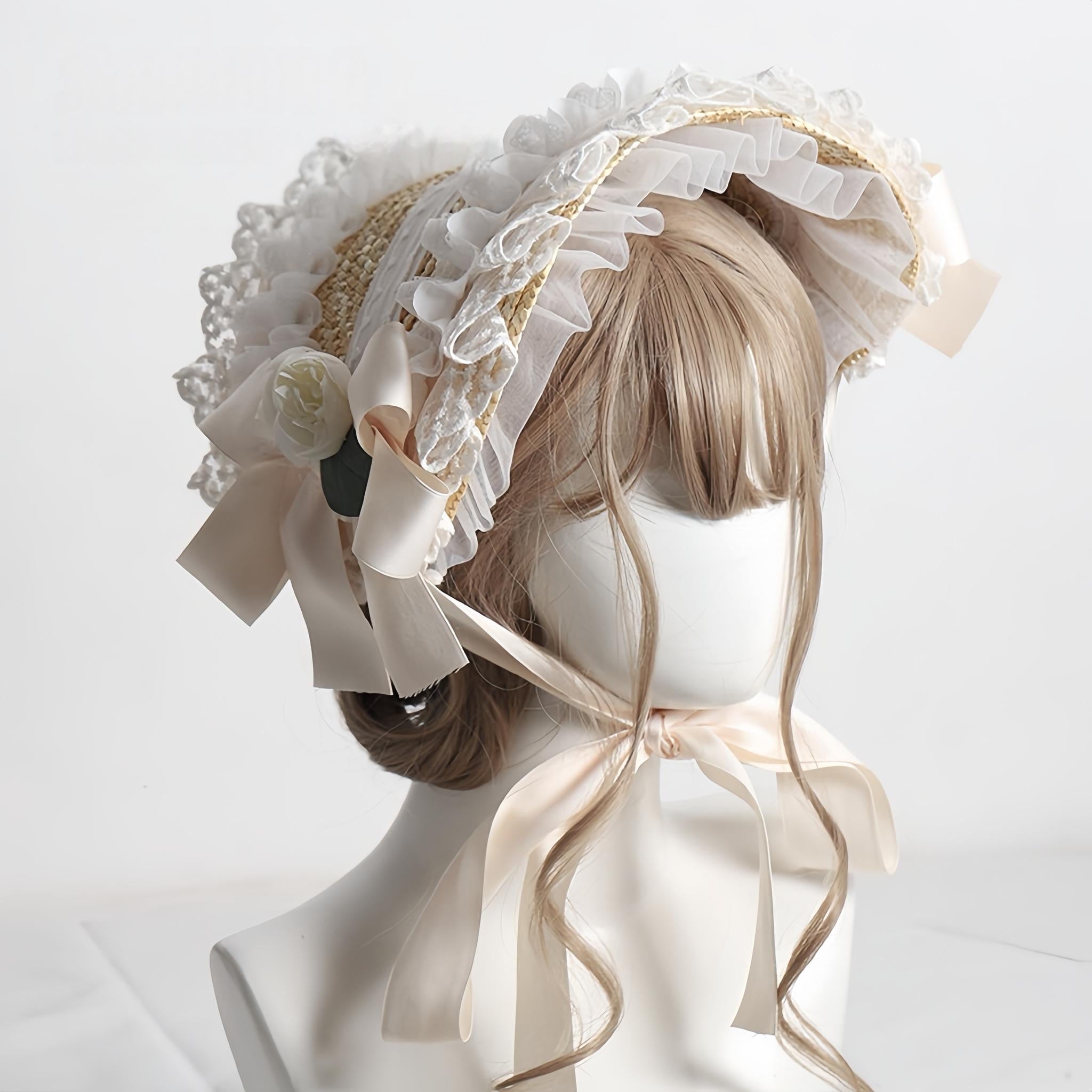 The Accessories' Story - Country Lolita Straw BNT, Ruffled Lace, Artificial Flower No Head Circumference Limitation / One Size Ivory