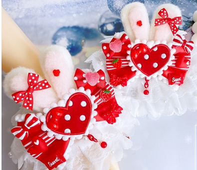 Sweetheart Endless - Sweet Lolita Lace Rabbit Ears Cuffs Multicolor a pair of big rabbit ears and heart red cuffs