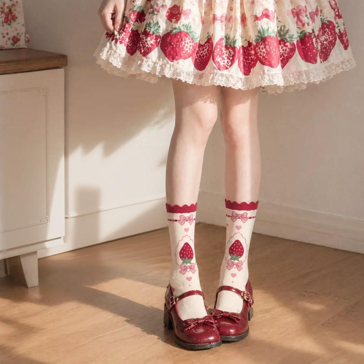 Cotton Sweet Lolita Mid-calf Socks, Strawberry Jacquard 45902:867344