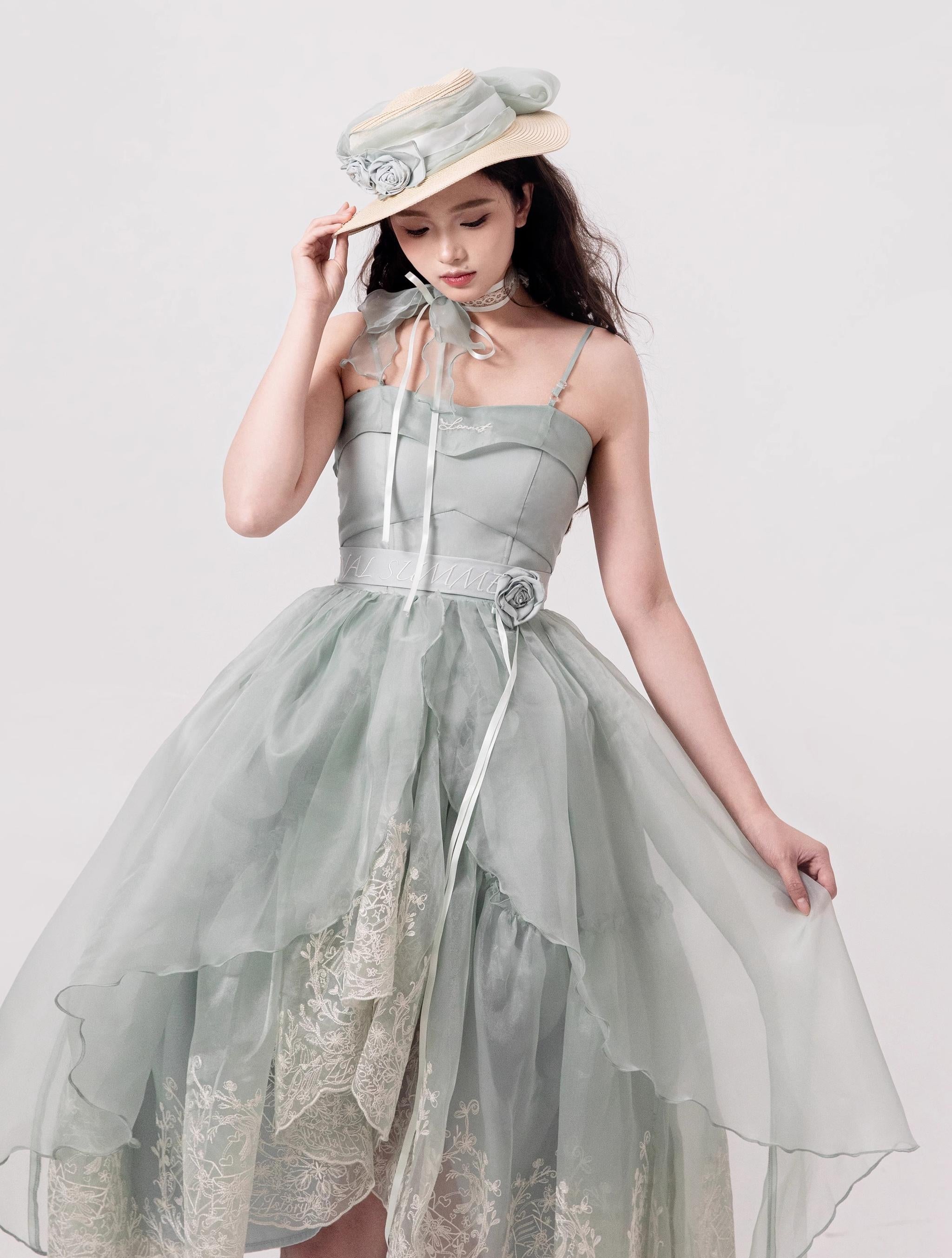 ZJstory - Sonnet Summer - Sweet Lolita Dress Set Embroidery Shirt Tiered Jumper Dress Mint green - JSK Only S