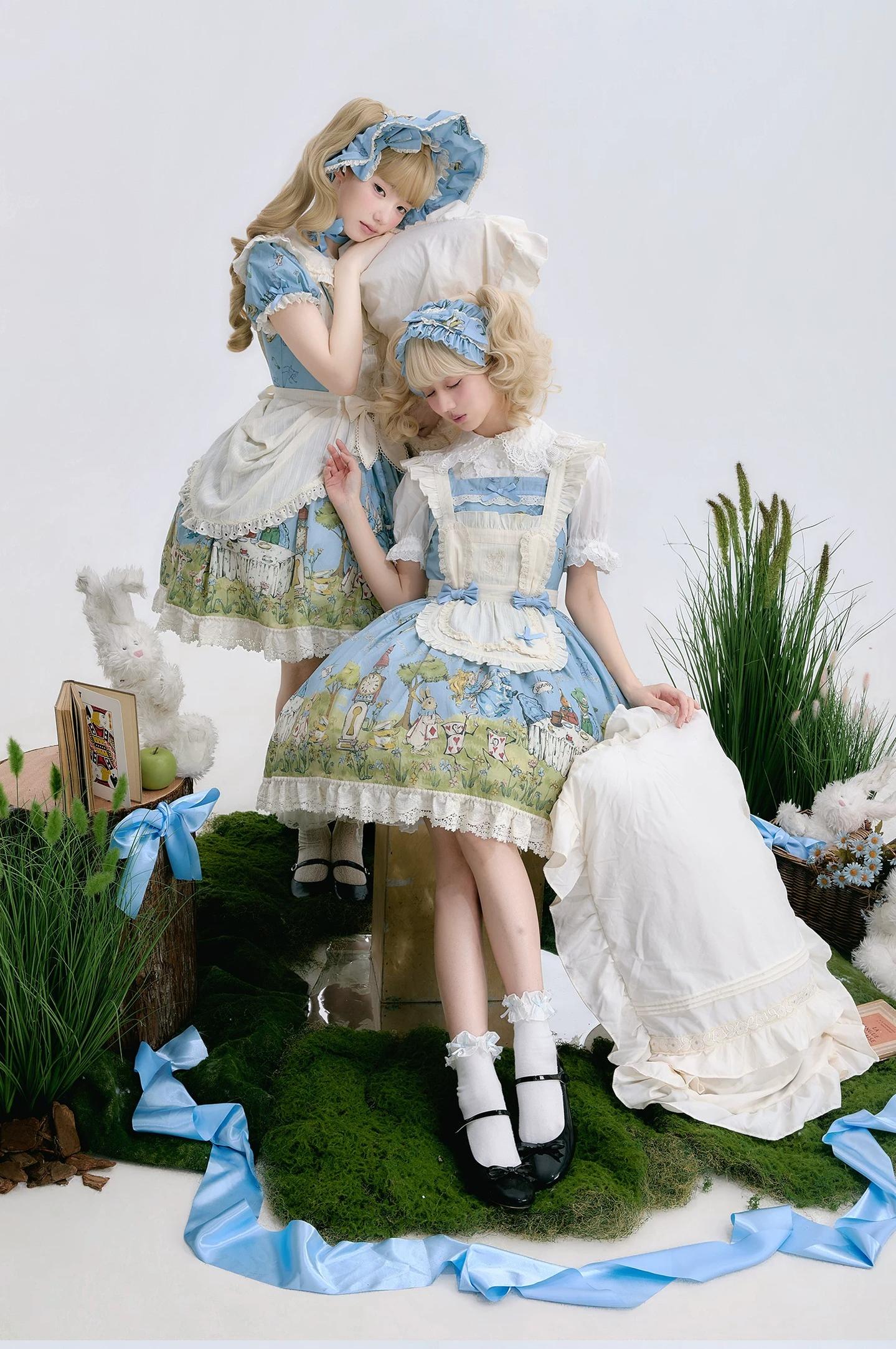 Alice - Sweet Lolita Cotton Lining Dress, Bunny & Clock Print