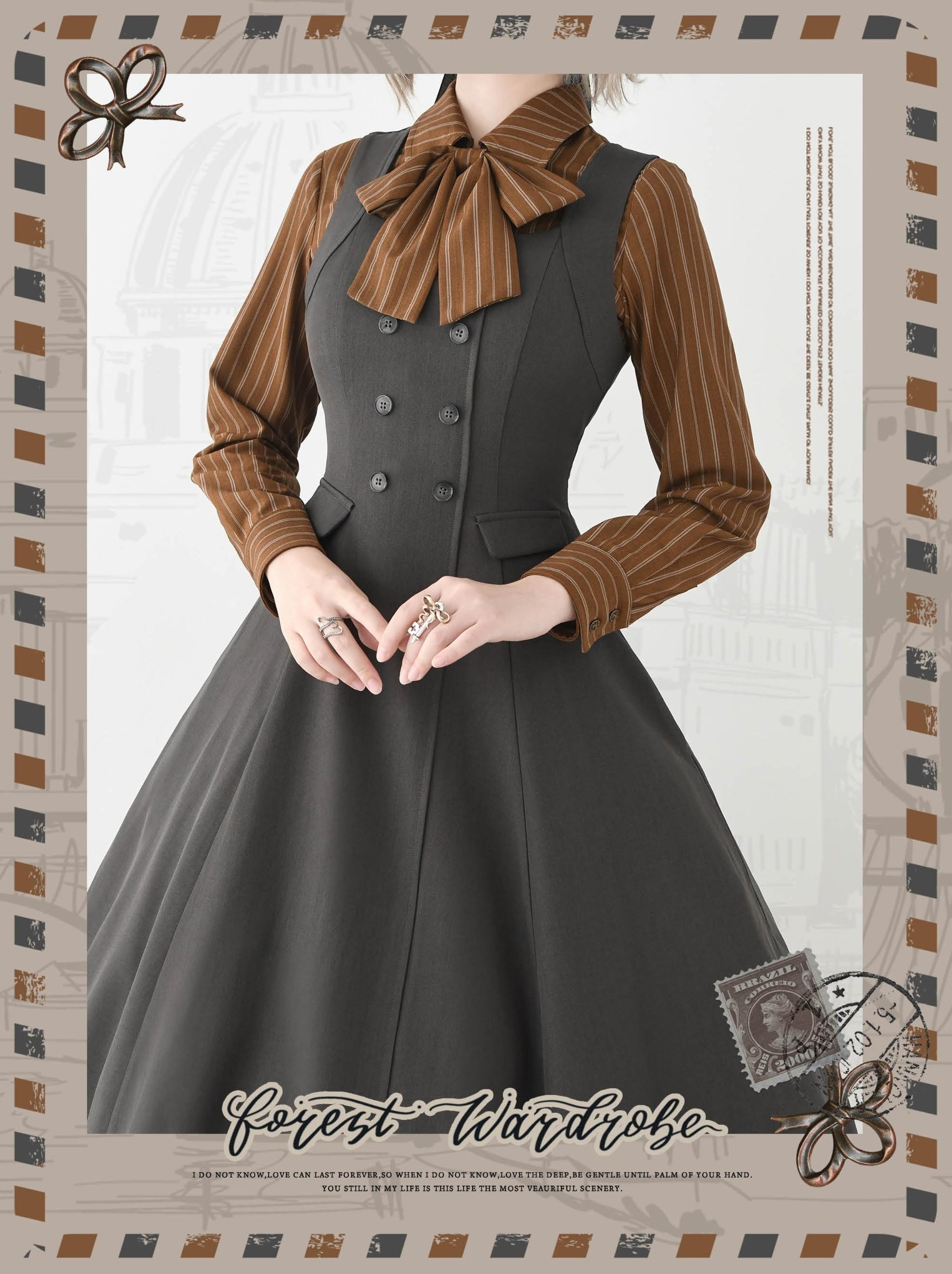 Forest Wardrobe - Forest Ode - Classic Lolita Striped Shirt, Detachable Bow Tie 44272:801803