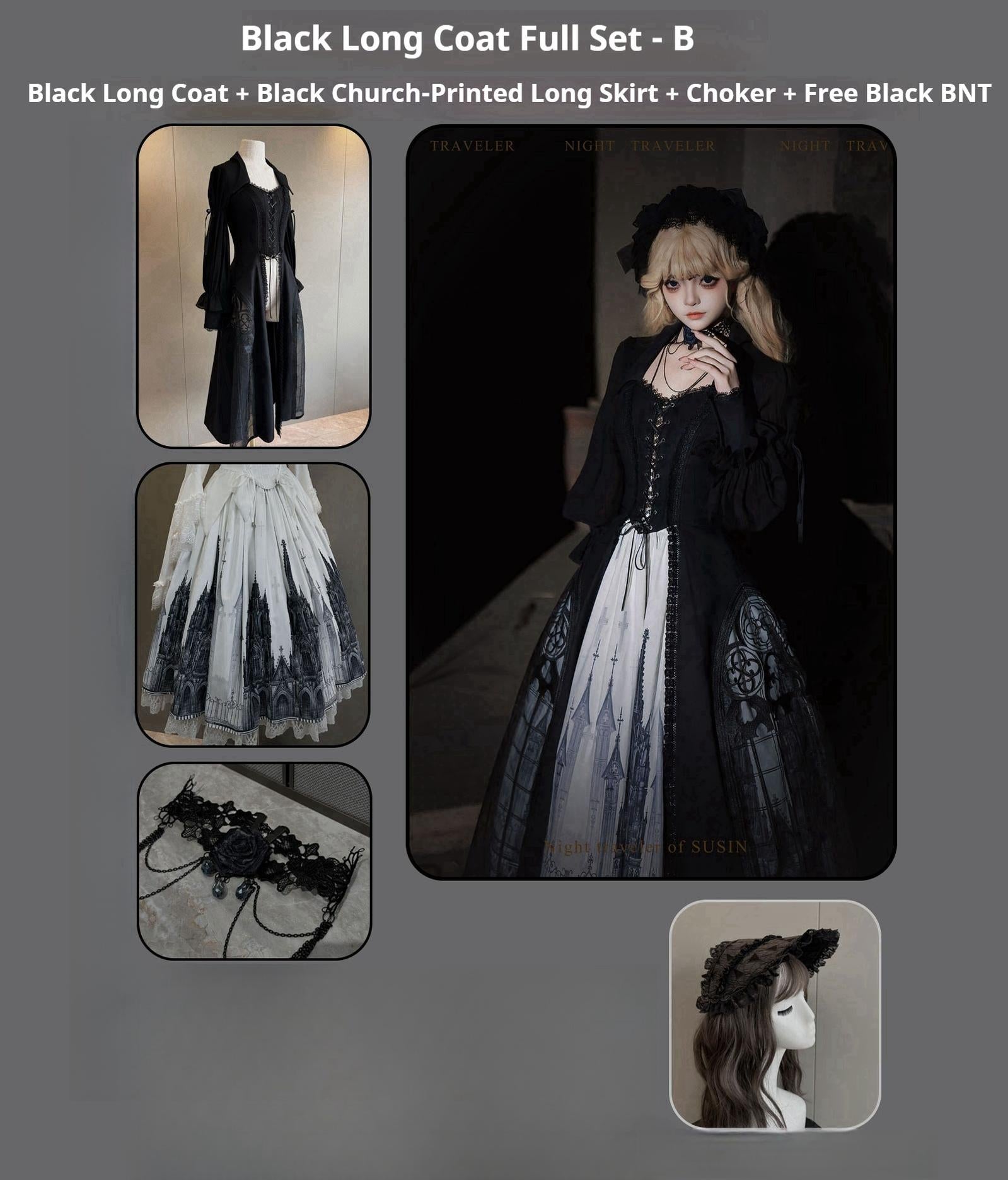 Susin Lolita - Night Traveler - Gothic Lolita Skirt Outfit Long Coat Shirt and Bustier Set (L M S XL) 42118:727541
