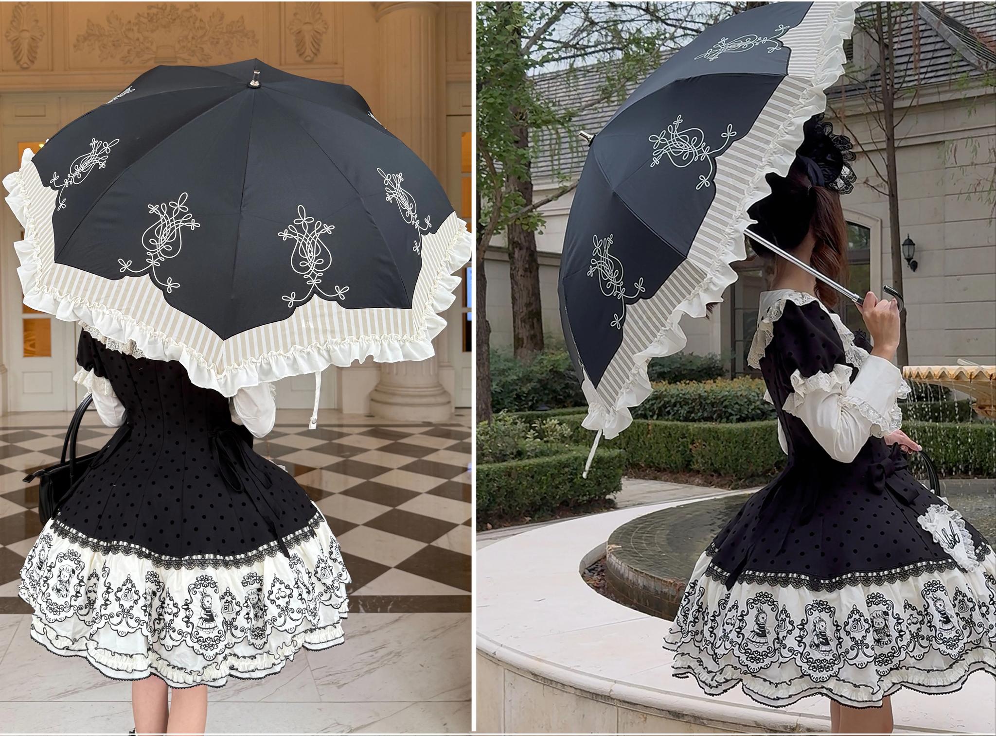 Lyre Academy - Classic Lolita 2-Fold Parasol, Lyre Print & Embroidered Trim 45679:858503