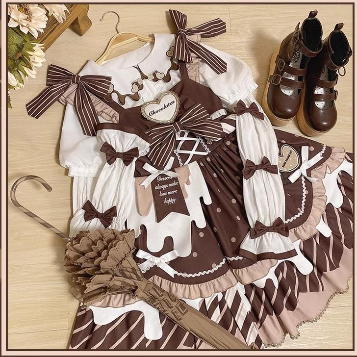 Half Sweet Lolita - Chocolate Milk Pie - Sweet Lolita Jumper Dress Summer Salopette S JSK full set (dress+blouse+detachable sleeves+coat)