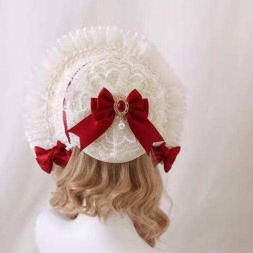 Xiaogui - Sweet Lolita Hat Strawberry Bonnet with Lace and Bow
