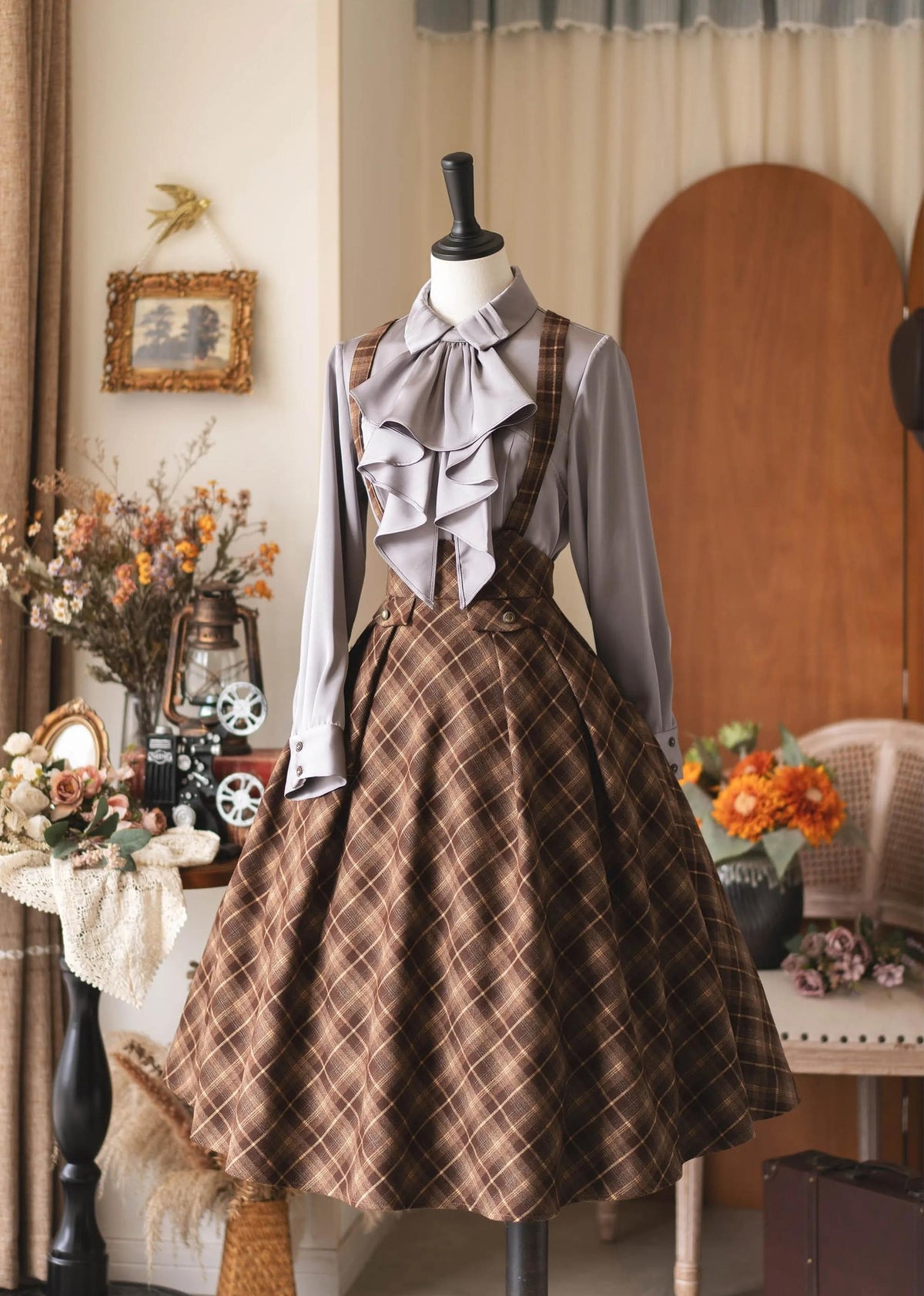 Forest Beats - Elegant Classic Lolita Suspenders Skirt, Plaid Pattern 46082:874456