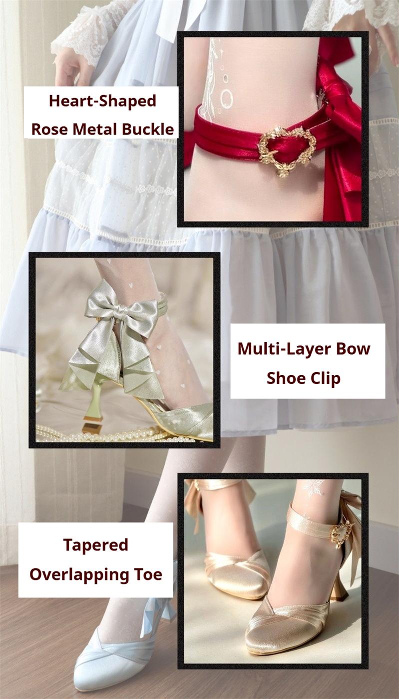 MR.Qiutian~Coronation~Elegant Lolita Shoes Satin Heels With Rose Buckle & Bow Clip 43252:772832