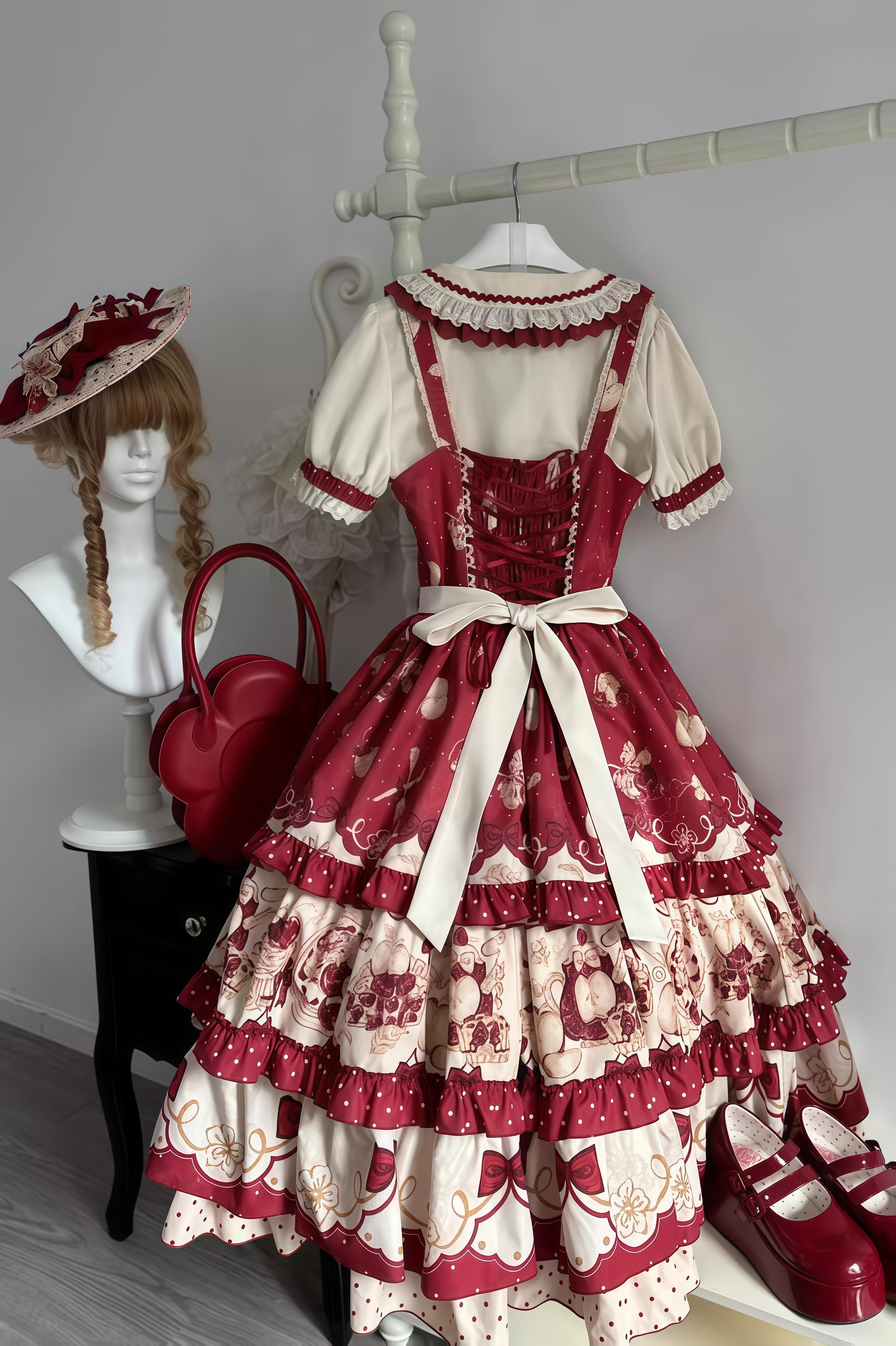 A Red Apple - Sweet Lolita JSK Dress, Tiered Hem Apron