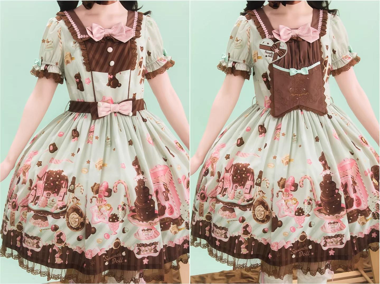 Chocolate Bunny - Printed Kawaii Lolita JSK, Short-sleeved Dress