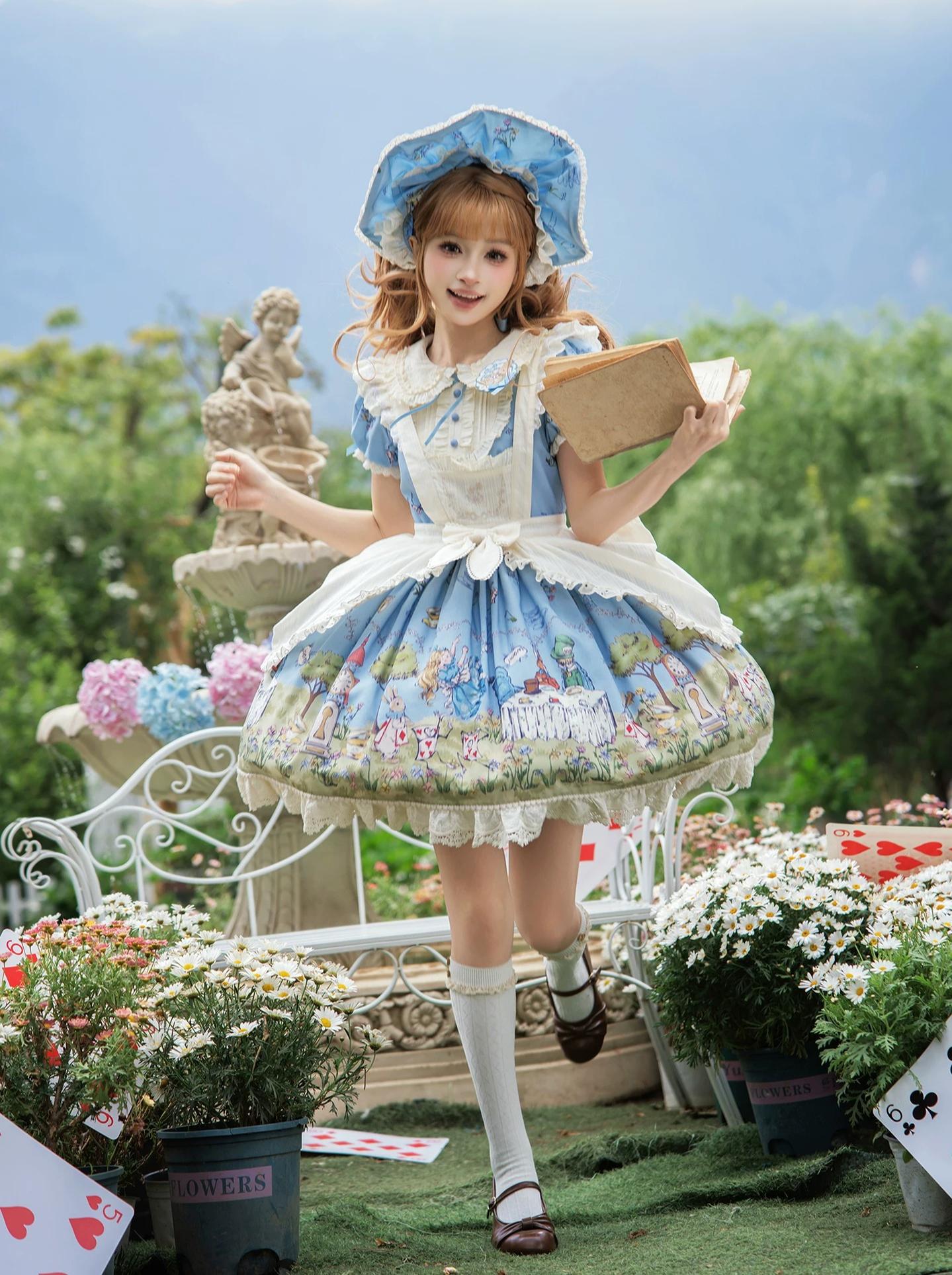 Alice - Sweet Lolita Cotton Lining Dress, Bunny & Clock Print