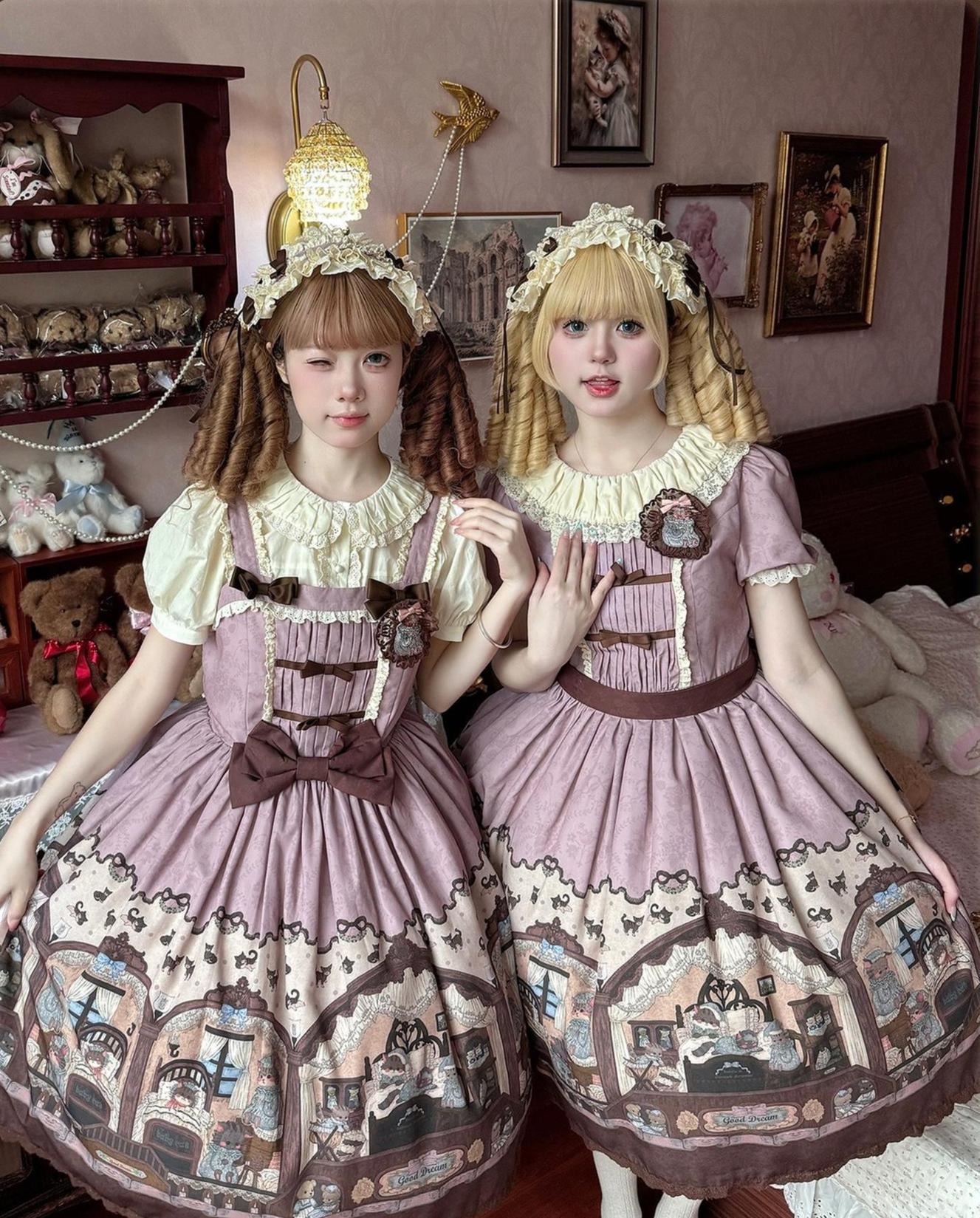 Sweet Dream Sheep - Vintage Bear - Printed Sweet Lolita Dress, Zipper Clousure
