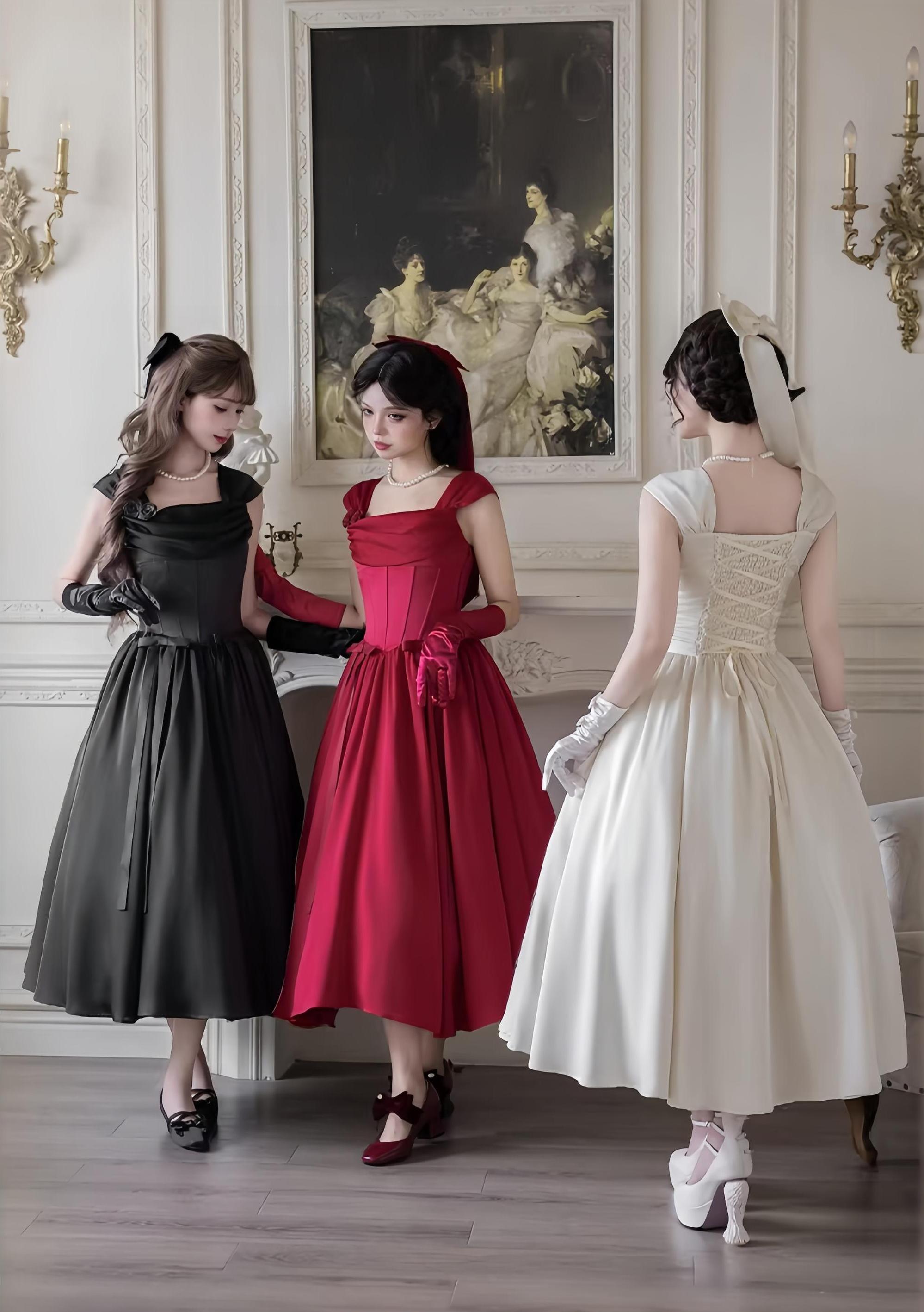 For Beloved - Classic Lolita Satin JSK Dress Set, Fishbone Waist