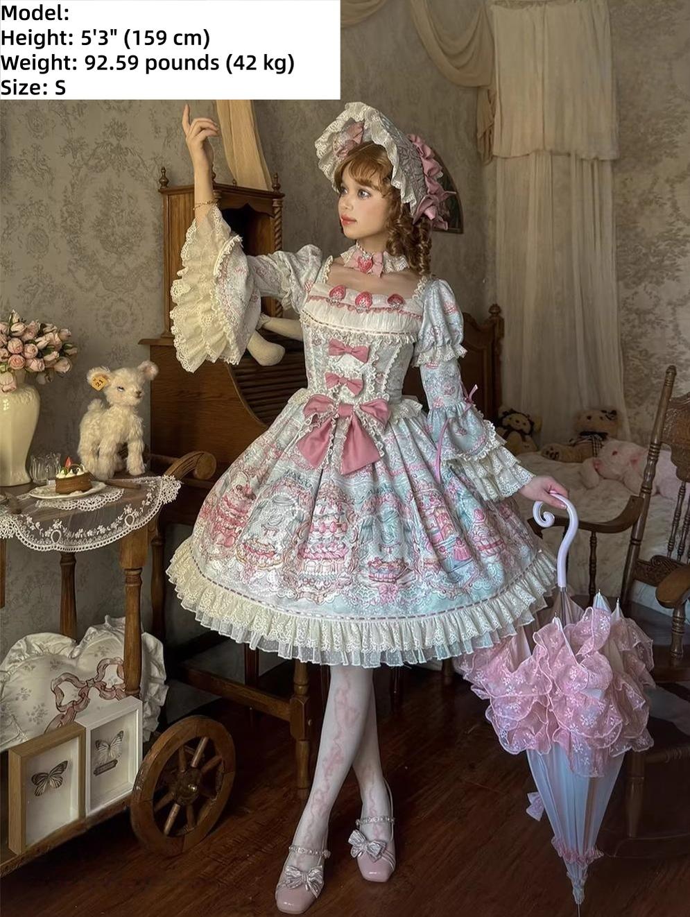 Victorian Cake - Classic Lolita OP Dress, Strawberry Cake Print