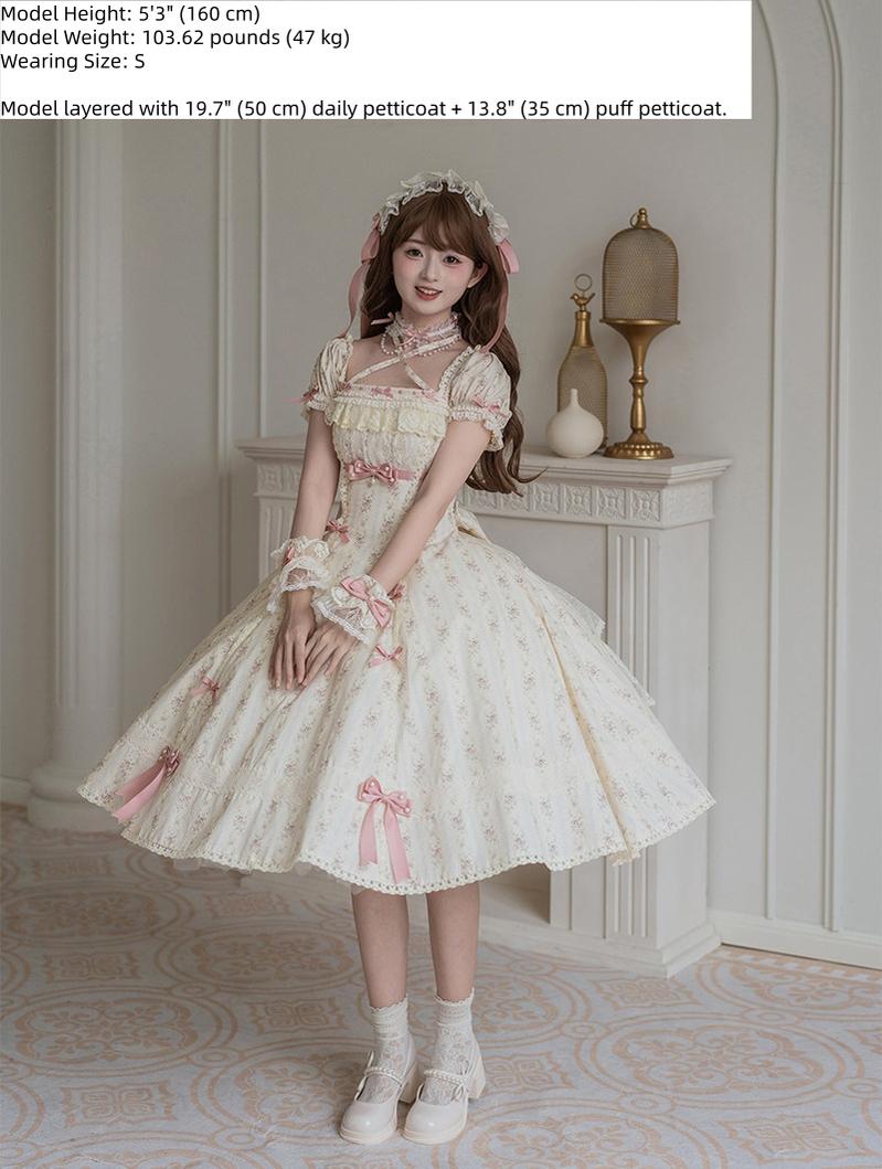 Garden Encounter of Three Springs - Cotton Old School Lolita Floral Print OP, Lace Back Opening 45674:858631
