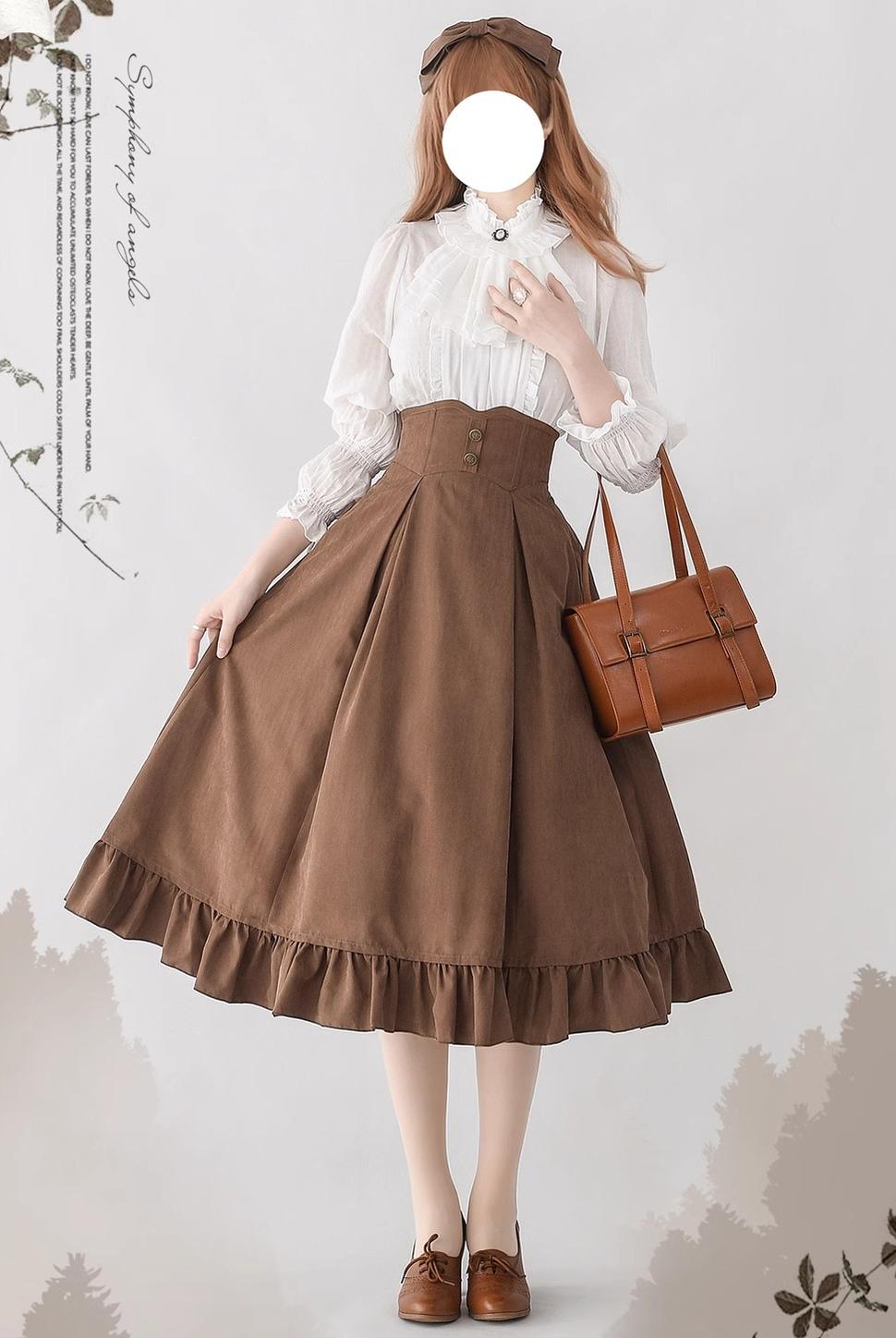 Forest Wardrobe - Misty Forest - Elegant Vintage Fishbone Lolita Long Skirt & Vest S Mocha Brown Skirt