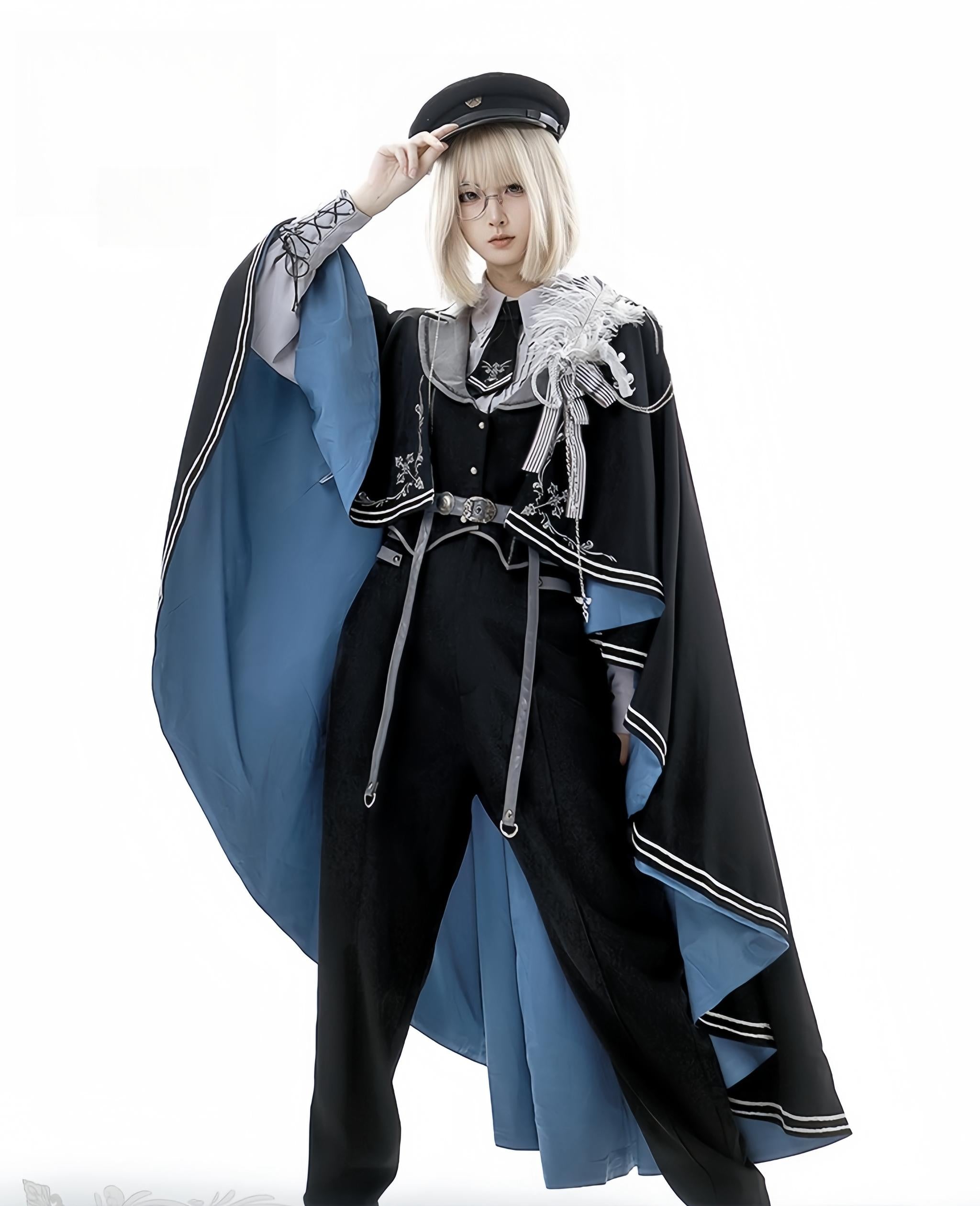 Dark Night Contract - Blue Military Lolita Pants Long Cape Couple Suit