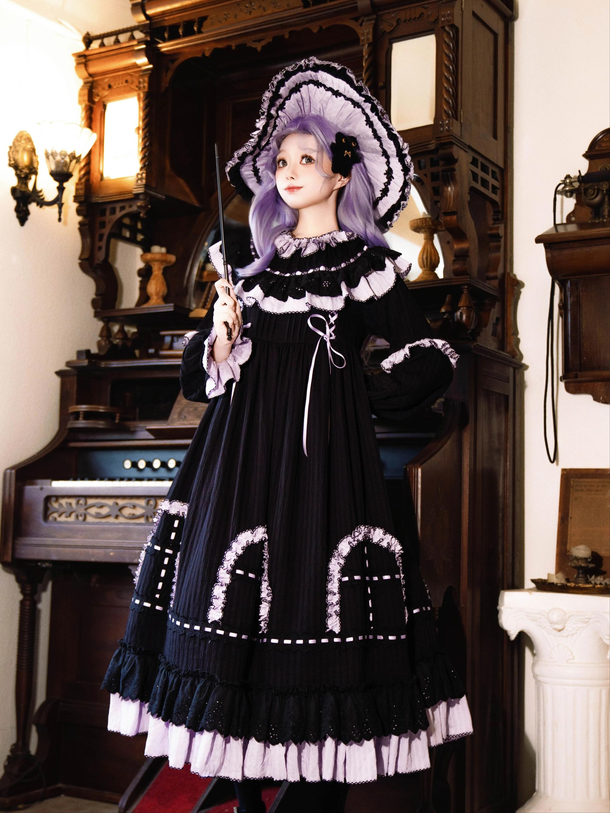 Sanshanjiu - Witch Lilith - Ruffled Collar Gothic Lolita OP, Witch Hat 44278:801992
