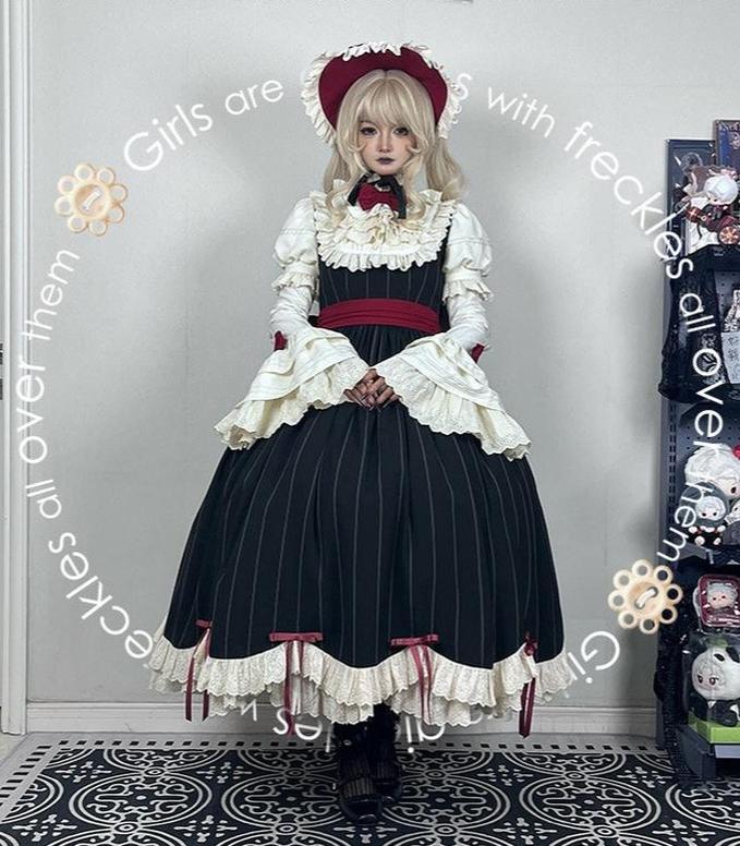 Striped Poem - Gothic Lolita Striped OP Dress with Detachable Sleeves (2XL L M S XL XS) 45403:850478