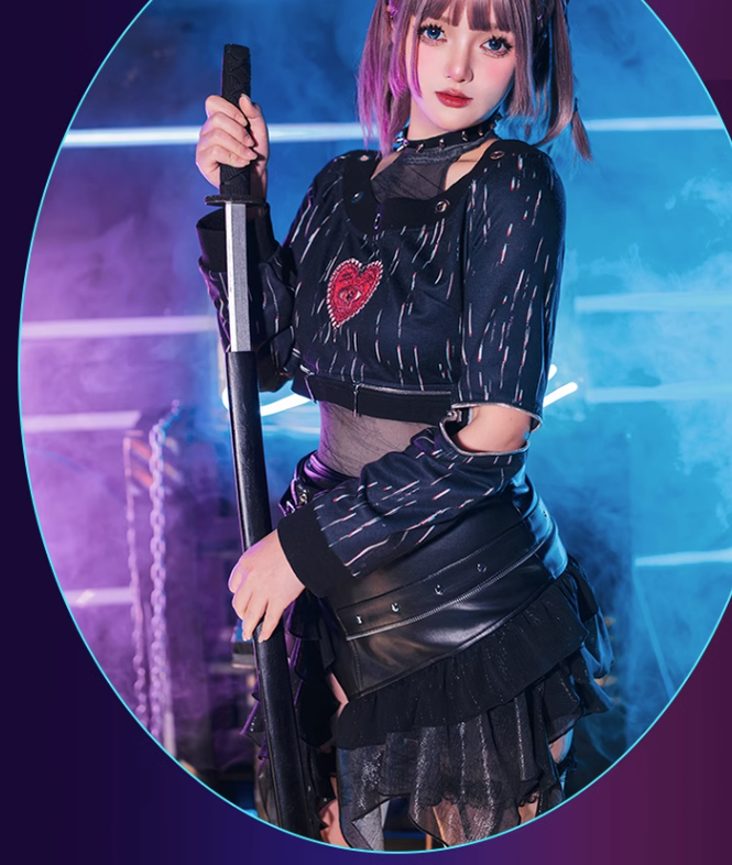 YingLuoFu - Vintage Punk Lolita Heart Pattern Black Skirt Suit