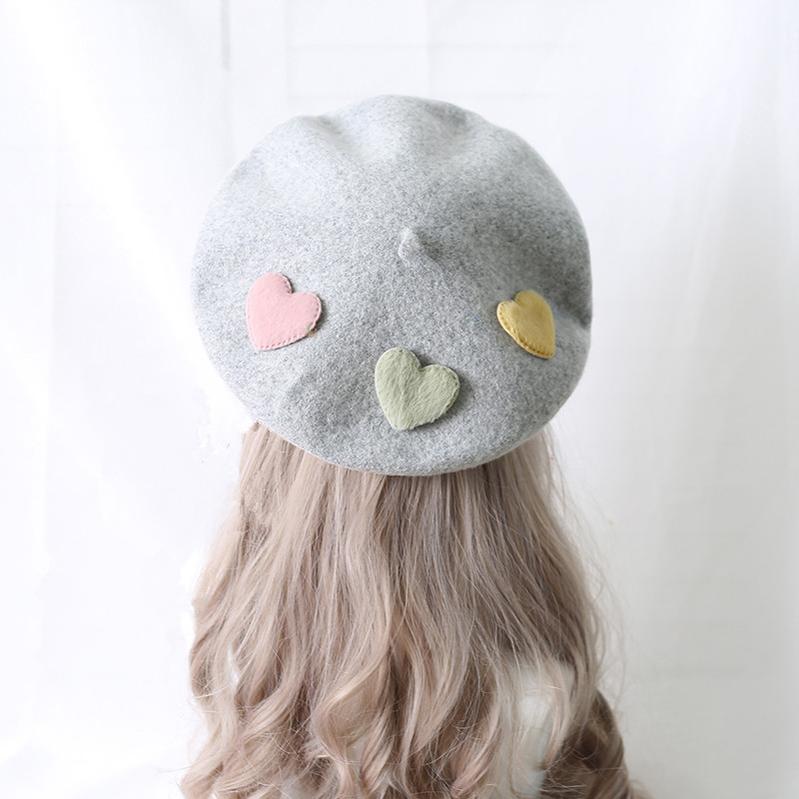 Xiaogui - Sweet Lolita Beret Loving Heart Wool Hat Multicolor M (56-58 cm) light gray (with 3pcs loving heart) beret