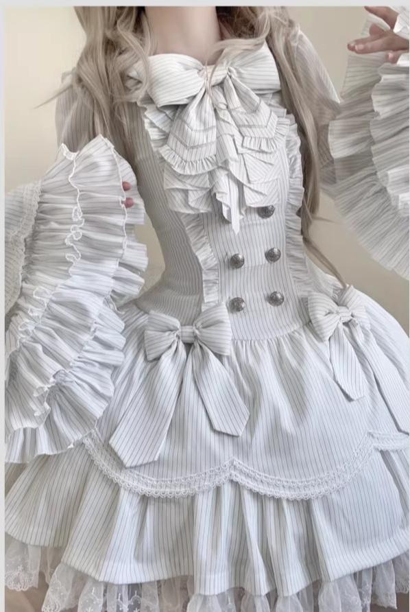 Dream Fragments - Striped Gothic Lolita OP Dress, Detachable Jabot 44454:808968