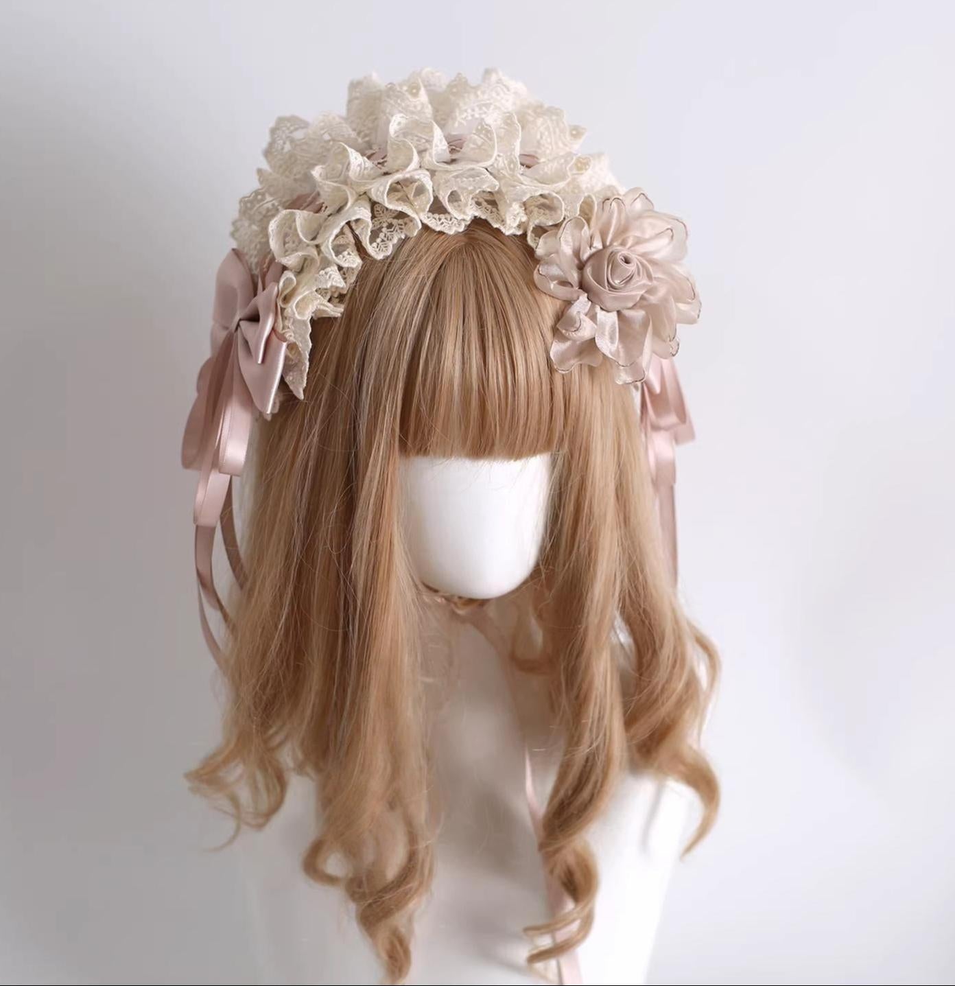 Elegant Champagne Lolita Headdress, Floral & Bows Burned Floral Hairband Only (with fixed clip)