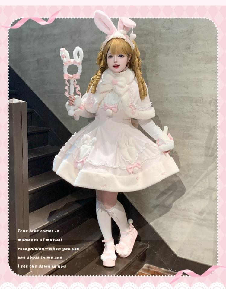 Mengfuzi - Bunny Mochi - Winter Doll-like Sweet Lolita Cape Dress Set