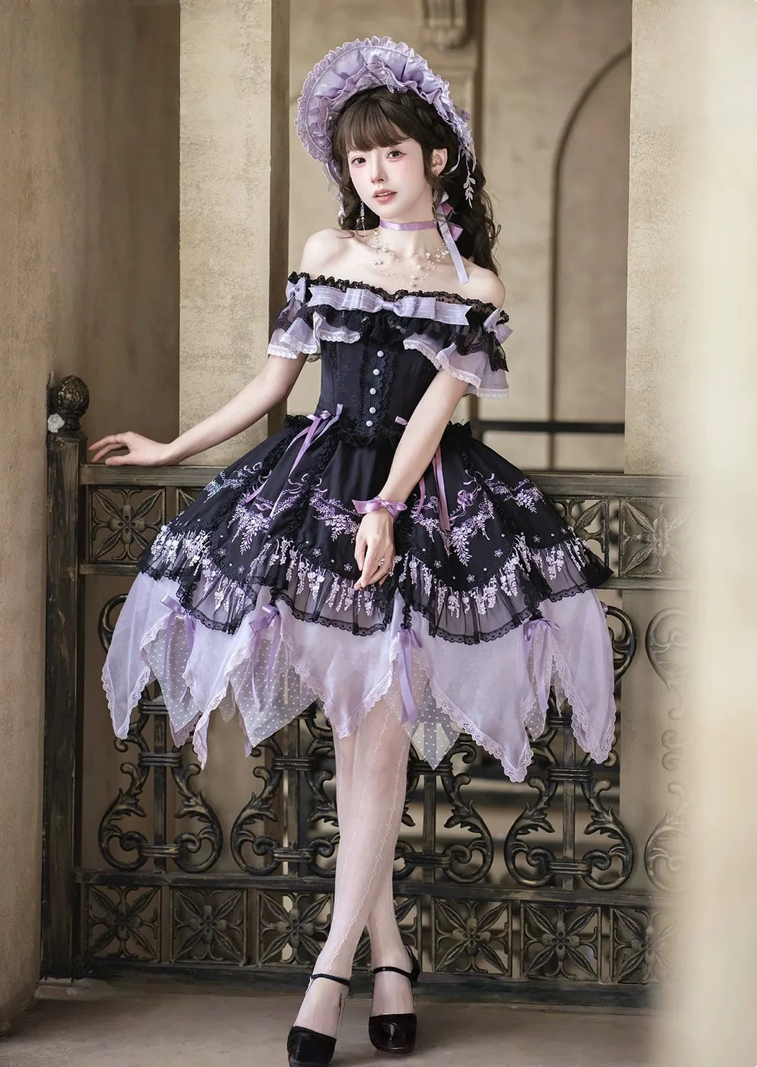 Wisteria Courtyard - Dreamy Purple Classic Lolita Dress, Wisteria Embroidery