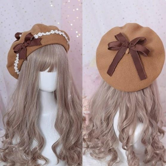Xiaogui - Sweet and Lovely Daisy Bowknot Woolen Beret Coffee bow+brown hat One Size