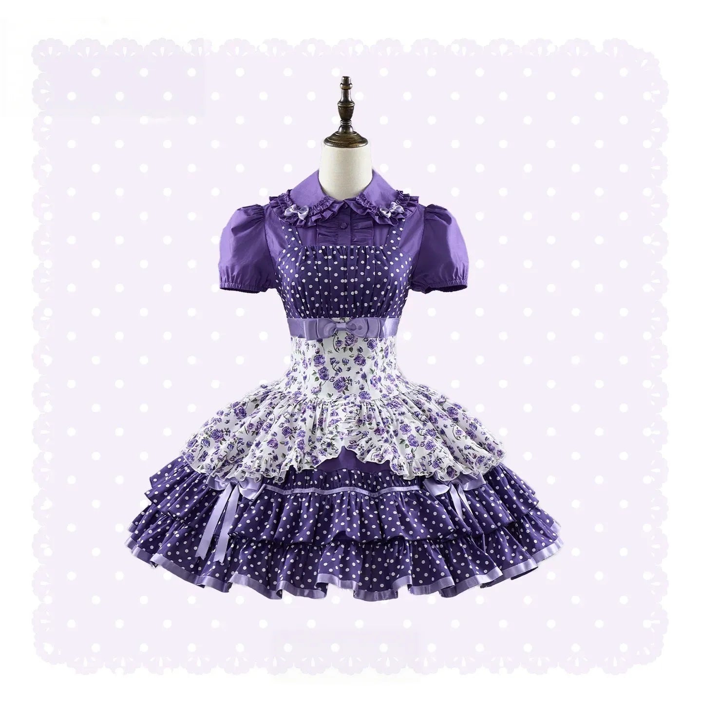 Libobo - Cotton Old School Lolita JSK Dress, Polka Dot & Floral Print 45878:866103