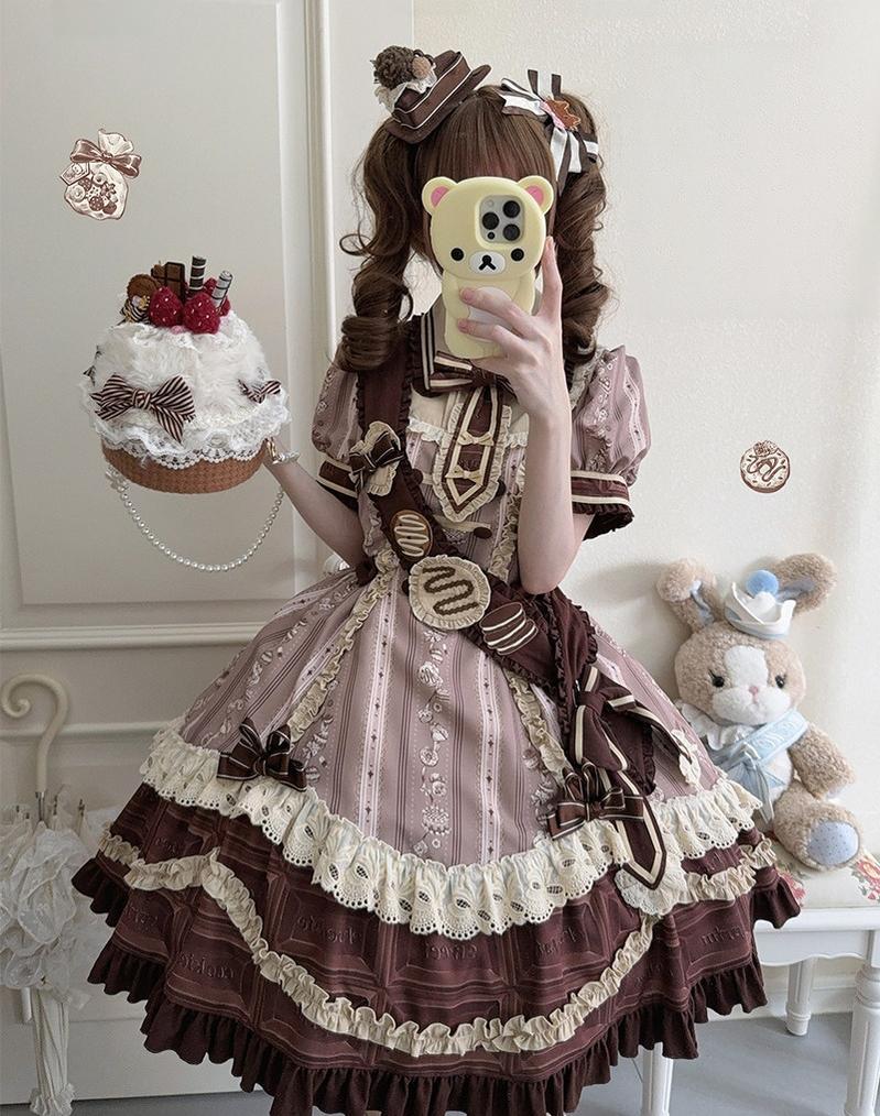 Chocolate Cone - Kawaii Lolita Dessert Print OP Dress, Detachable Sash Set 45782:862686