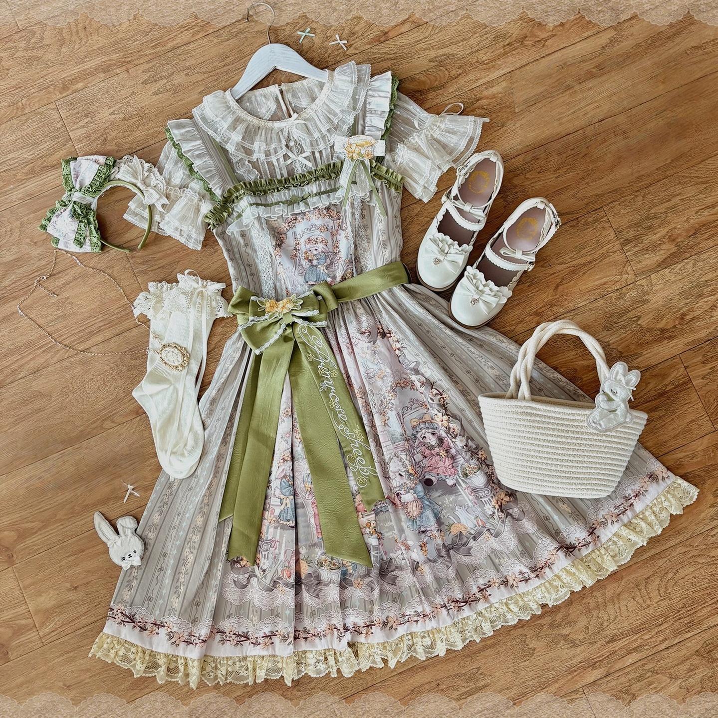 Greets Spring Lamb - Classic Lolita JSK Dress, Winter Jasmine & Lamb Print JSK Only (with waist tie + waist bow + brooch) S
