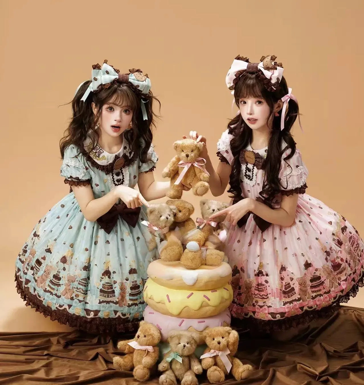 Cake Bear - Sweet Lolita Embroidered Collar Dress, Bear and Cake Print Mint Green - KC Only S