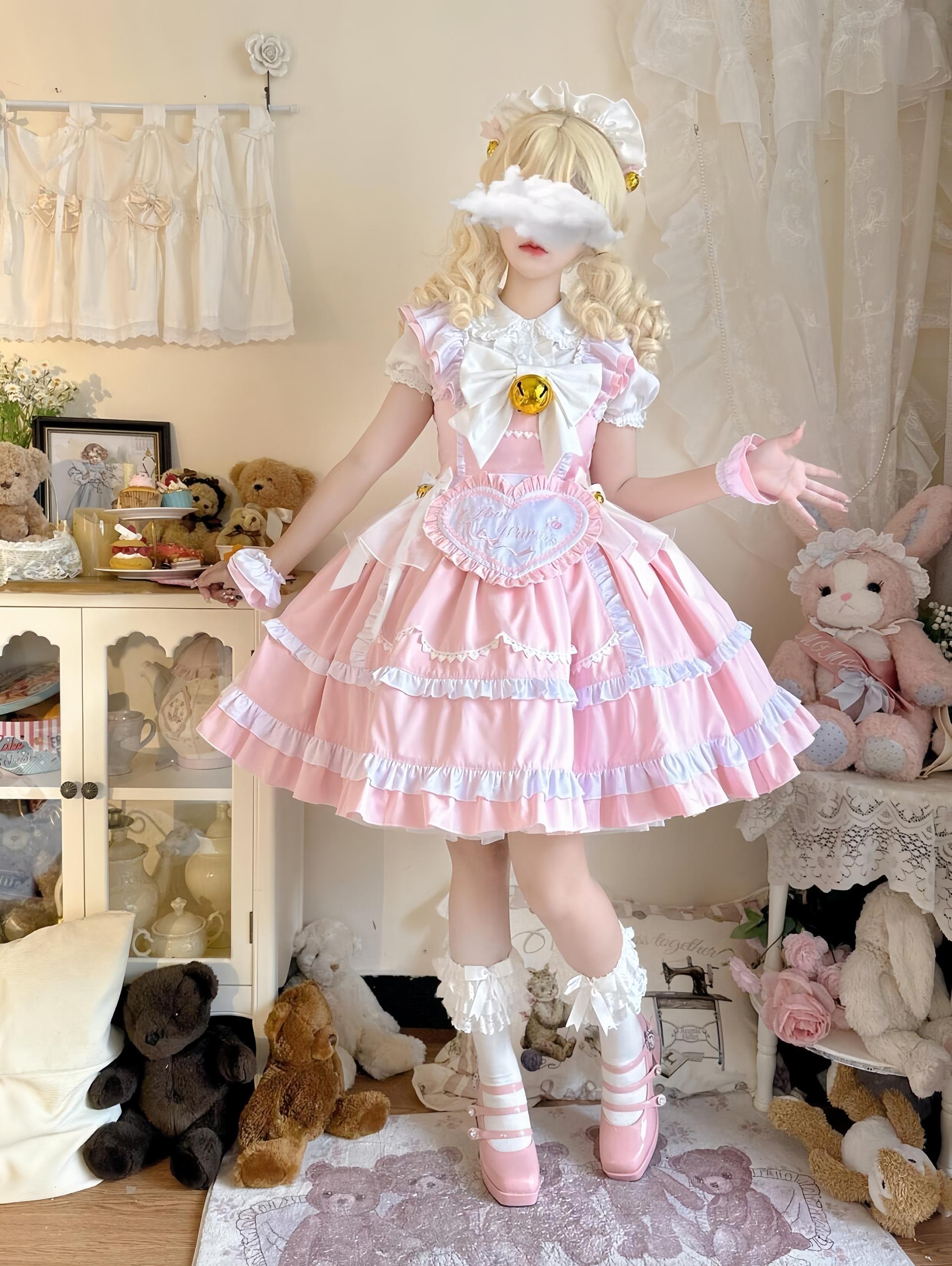 Sweetheart Chef - Sweet Lolita JSK Dress, Bell & Detachable Heart-shaped Apron Pink JSK + Apron + A Pair of cuffs S