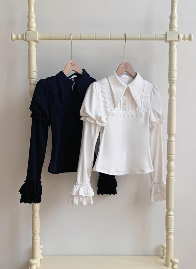 With PUJI - The Vow - Solid Lolita Sweater, Juliet Sleeve, Pointed Collar