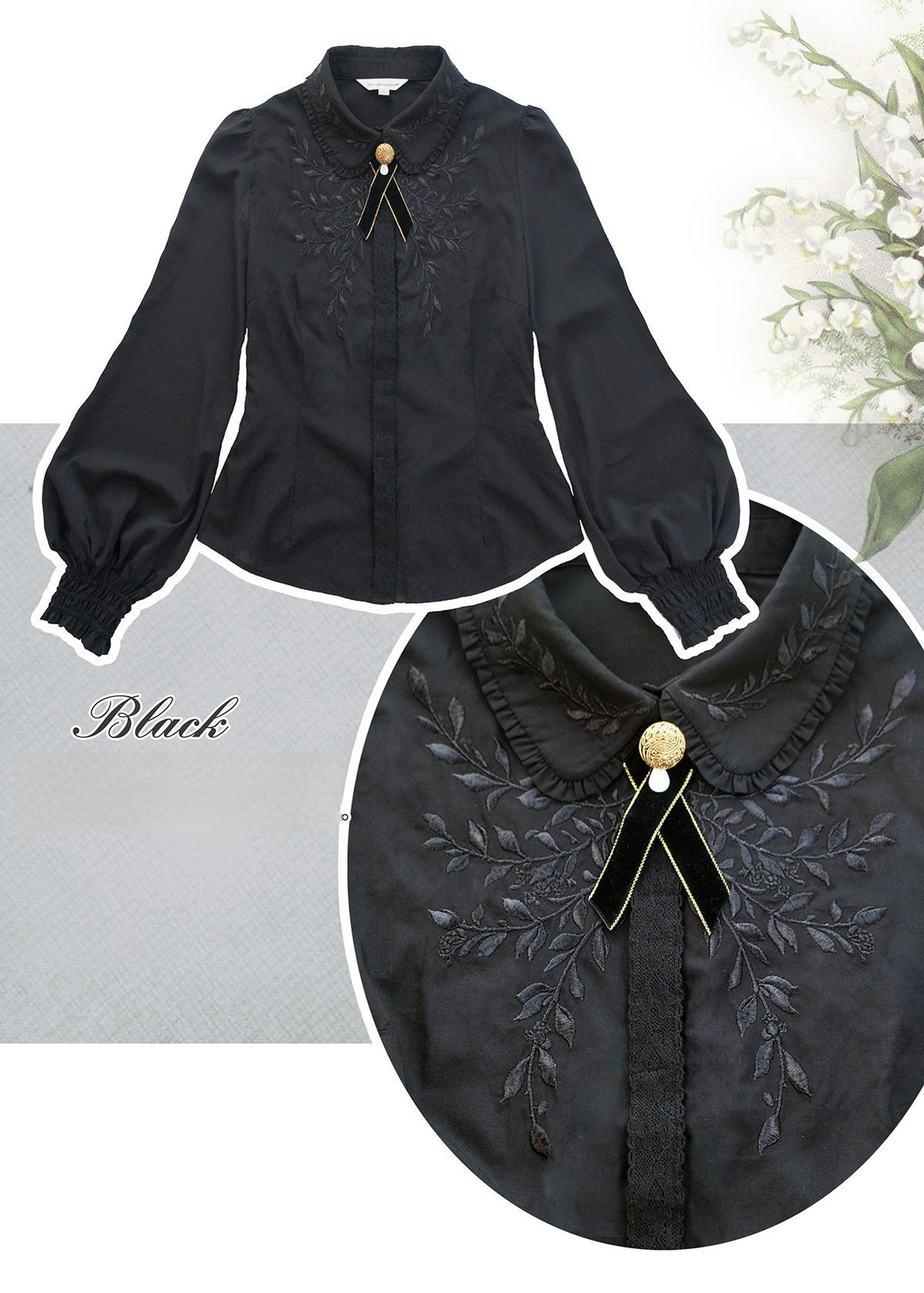 Surface Spell - Ship to Wonderland - Classic Lolita Shirt With Vine Embroidery/Brooch Black - in stock S