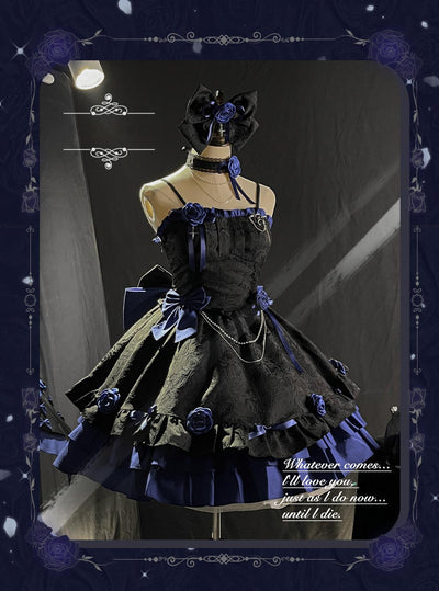 (Buyforme)Platycodon House~Romantic Contract Lolita Twin Rose Gothic JSK XS black blue set (without headwear) pre-order 