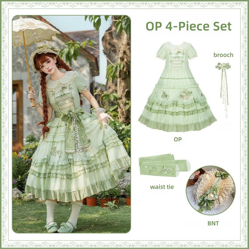 Green Grape - Embroidered Country Lolita OP Dress, Tiered JSK (L M S) 44986:831184