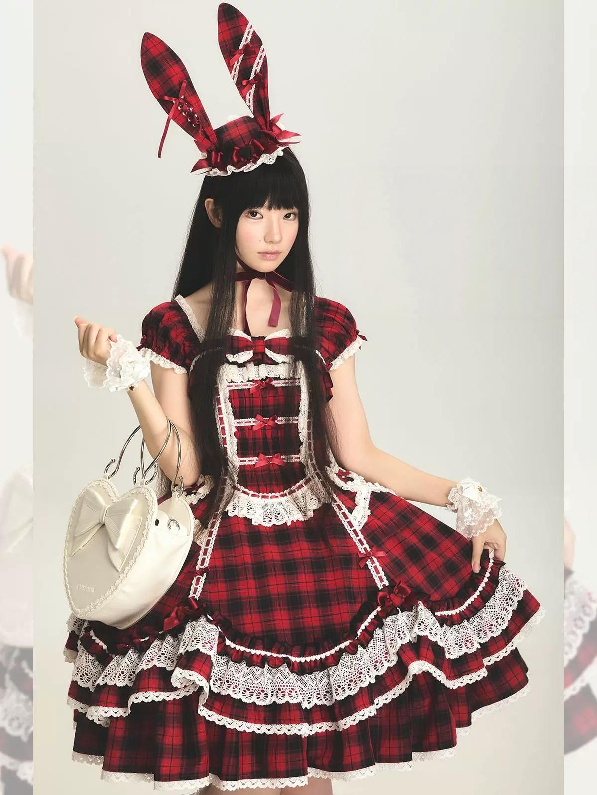 Plaid Lace Bunny - Old School Lolita Plaid OP Dress, Lace Trim 45992:871339