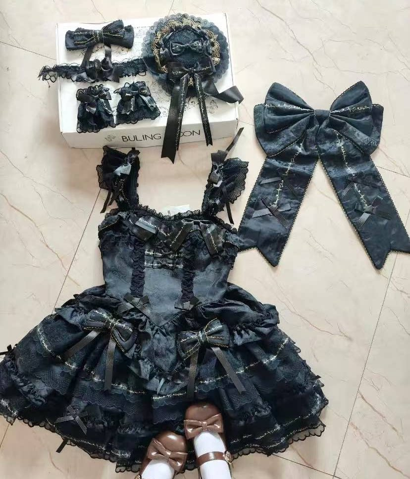 Luminous Whisper - Sweet Lolita Princess Jumper Dress, Layered Hem Black - Trailing Only S