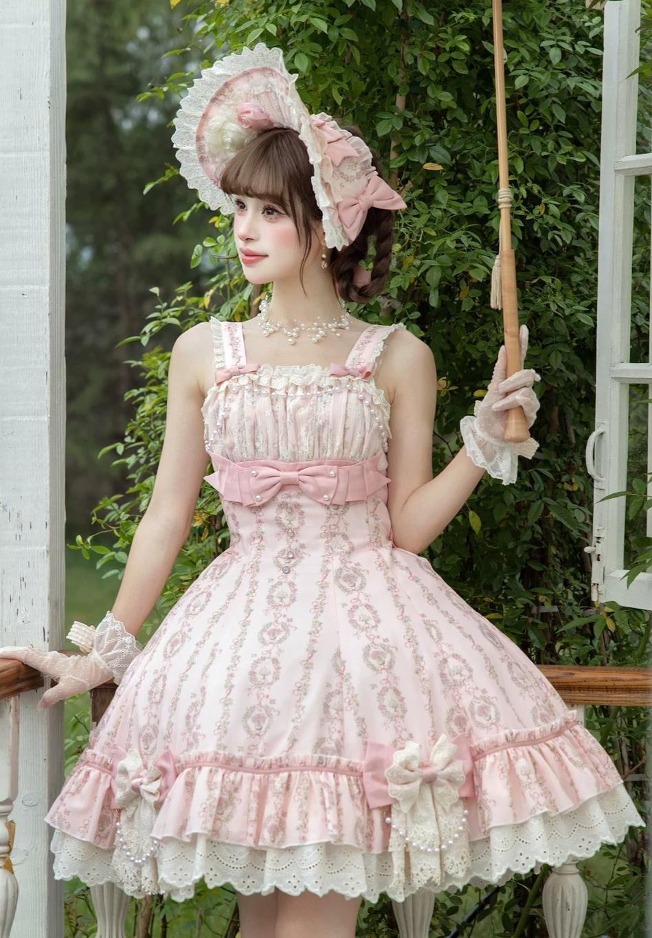 Whispers of Blossoms & Candlelight - Sweet Lolita Floral Printed JSK Dress with Bows 45631:856601