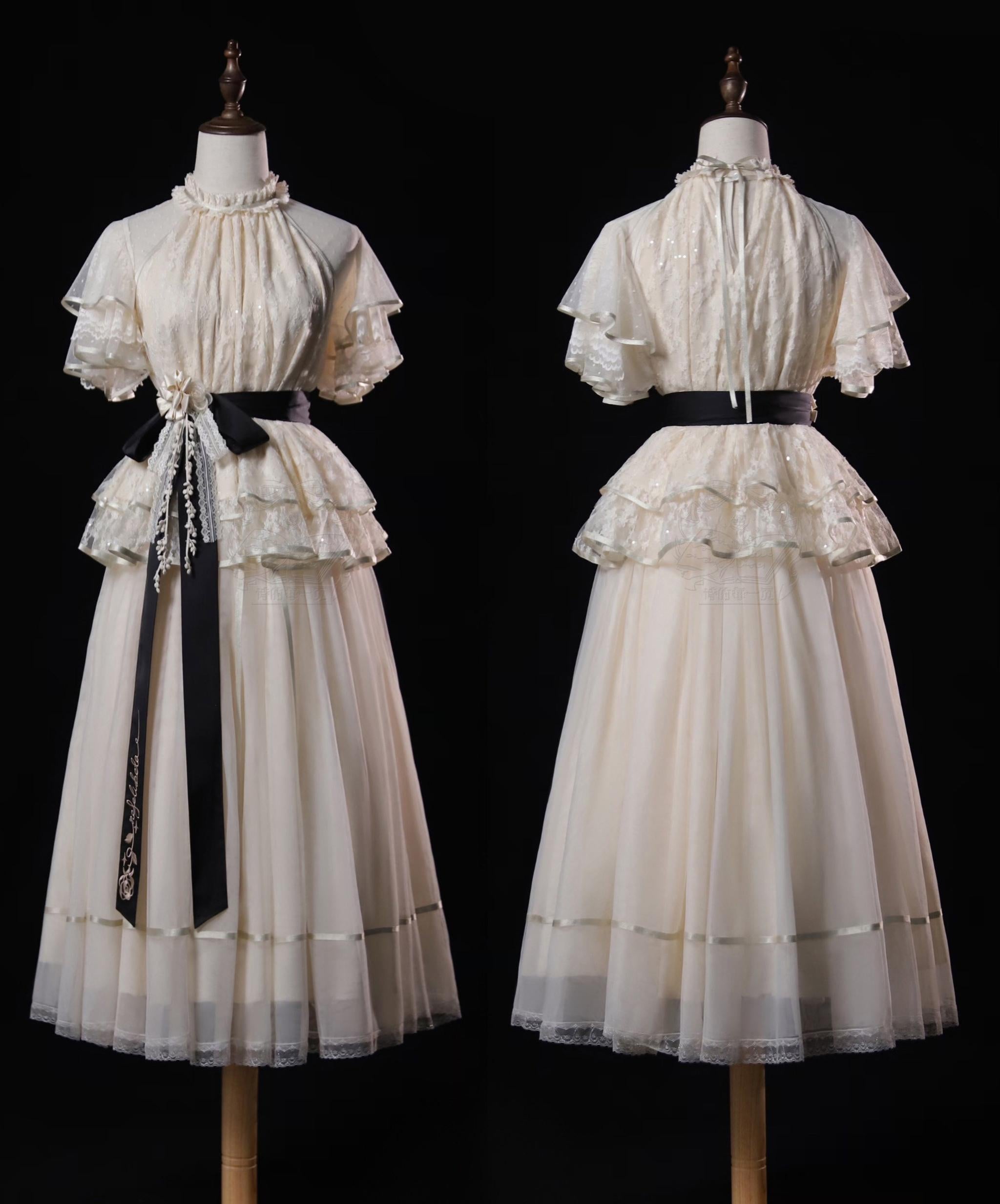 Moonlight Ode - Classic Lolita Lace Halter-neck Blouse & Tulle Skirt Set