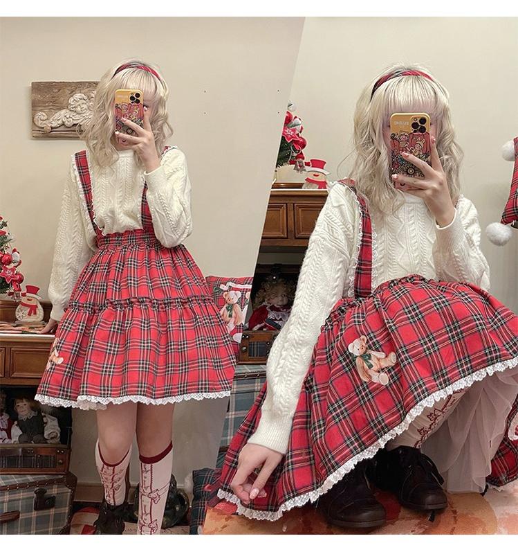 Labeau - Christmas Vintage Lolita Skirts Doll Collar Blouse Plaid Skirt Set