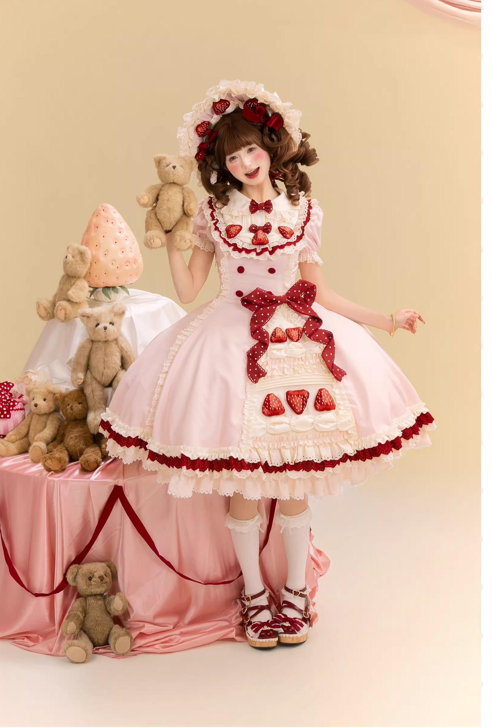 Strawberry Cake - Old School Lolita Dress, Detachable Sleeves (L M S XL) 44451:808841