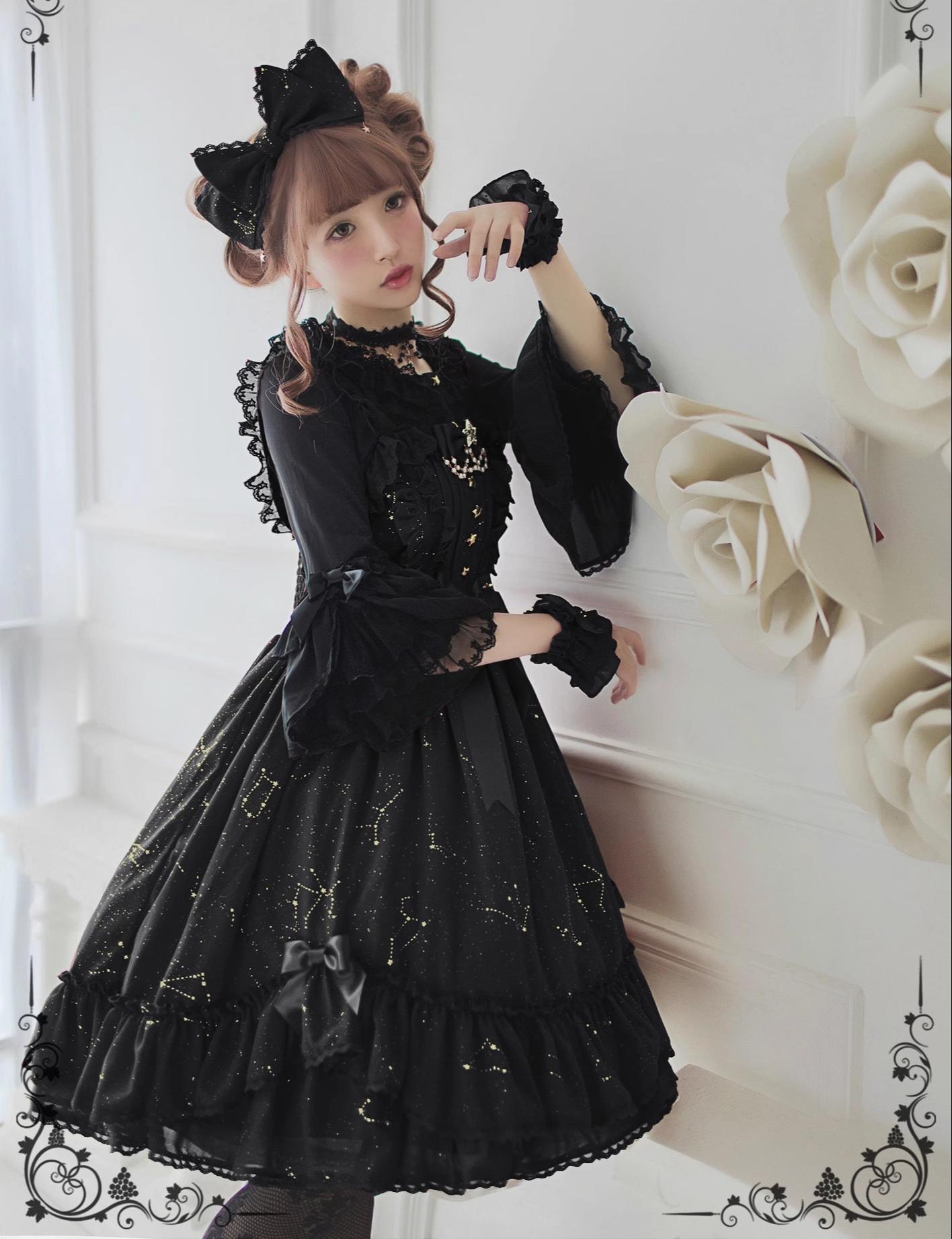 Whisper of Stars - Elegant Lolita Black JSK Dress, Constellation Foil Printing 34582:494080